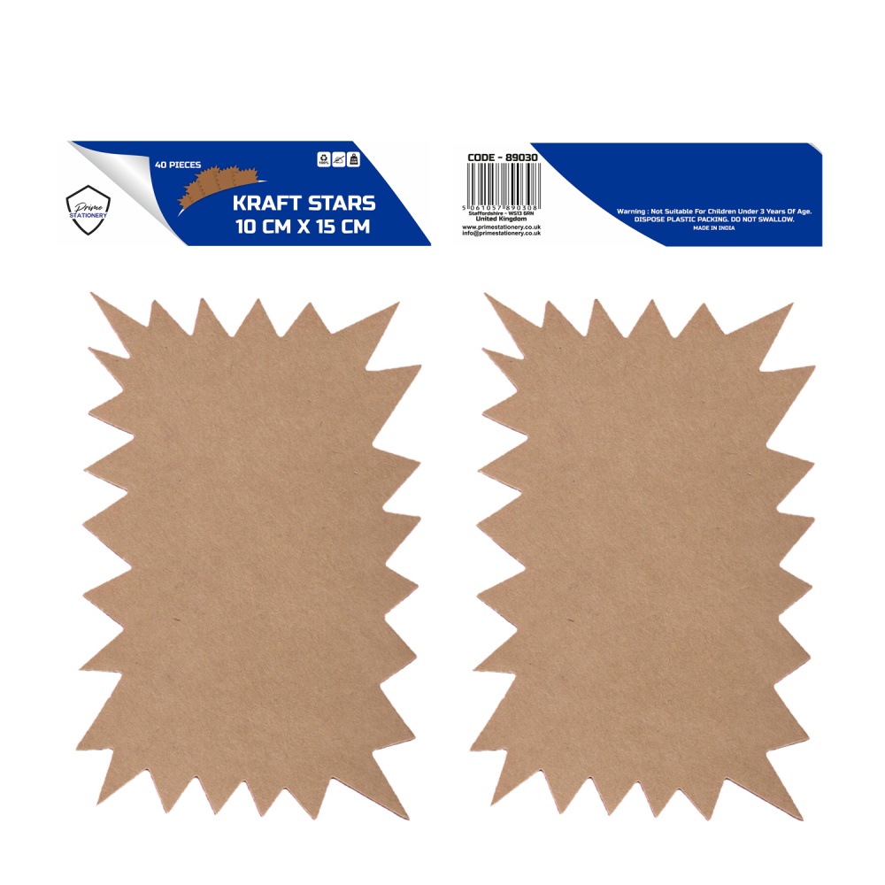 Prime Rectangle Kraft Stars 10cm x 15cm Pack of 40